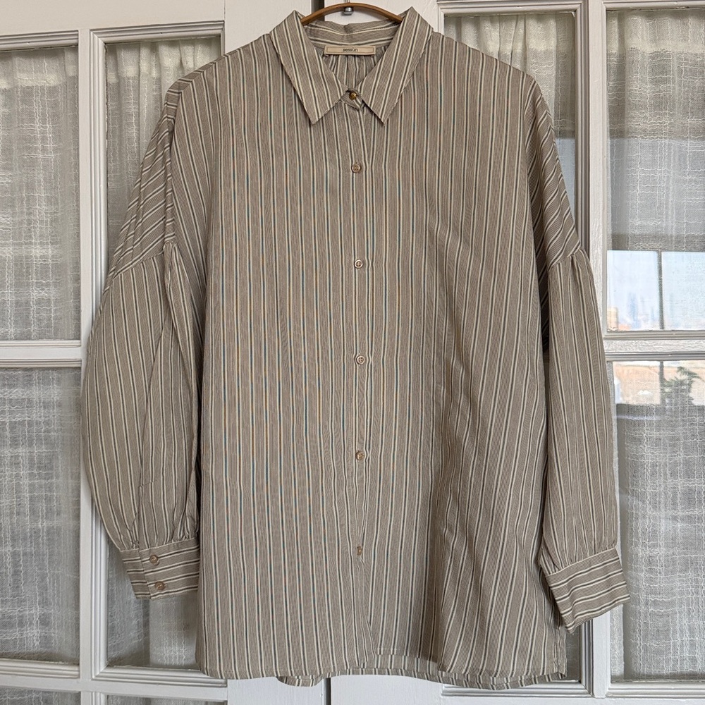 Relaxed Striped Button-Down Sessun Shirt - Olive